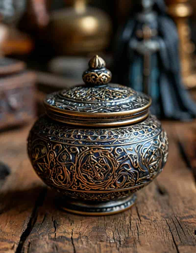 قندان مسی سیاه‌قلم با جزئیات قلم‌زنی و پوشش پتینه هنری